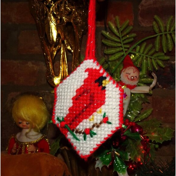 Handmade Plastic Canvas Cardinal 3D Christmas Ornament holly cross stitch holly - Picture 3 of 9